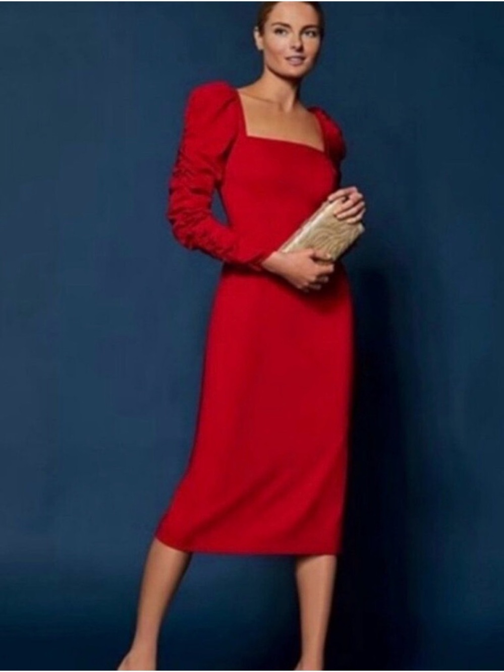 ANTONIO MELANI Red Square-Neck Midi Dress with Ruched Sleeves